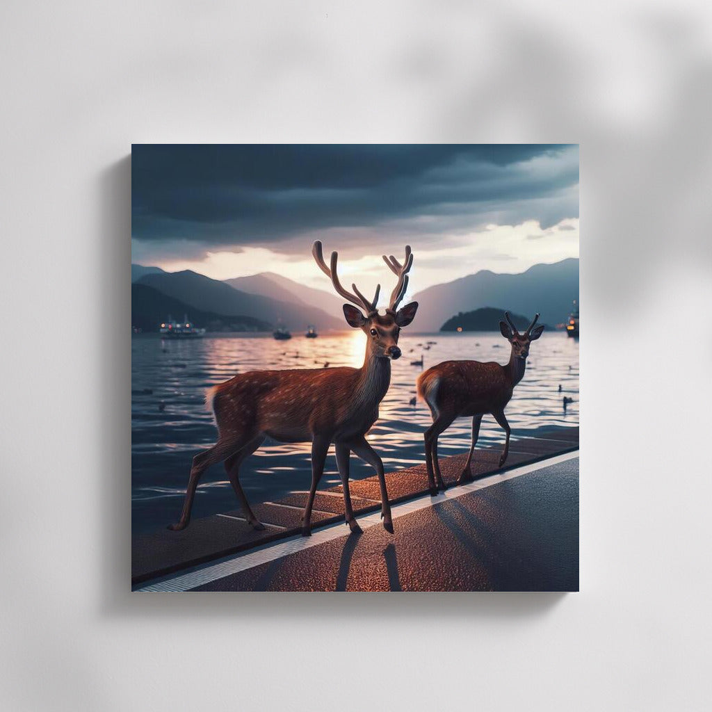 Deer on Sunset Embankment: Evening Tranquility