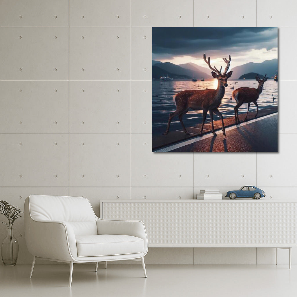 Deer on Sunset Embankment: Evening Tranquility
