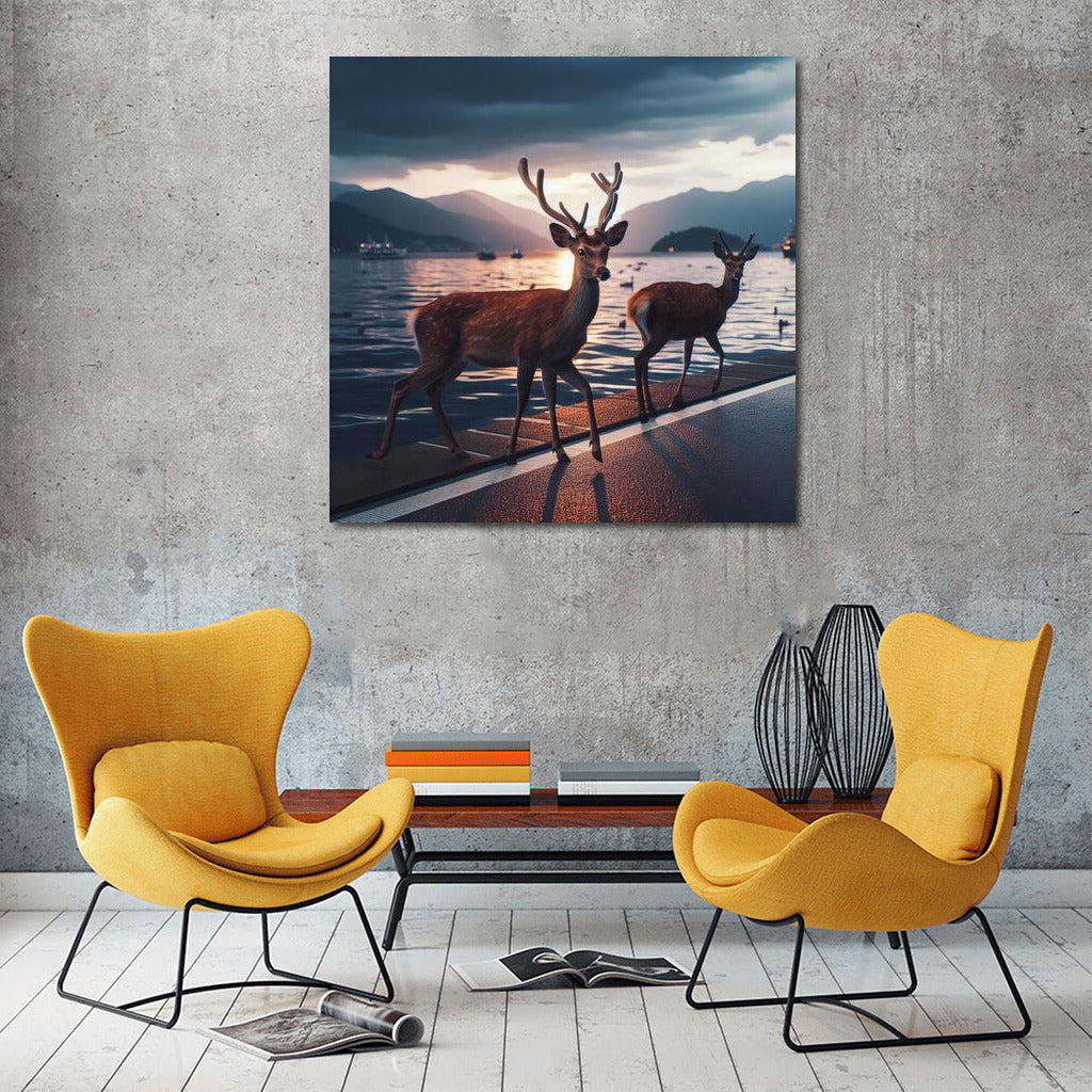 Deer on Sunset Embankment: Evening Tranquility