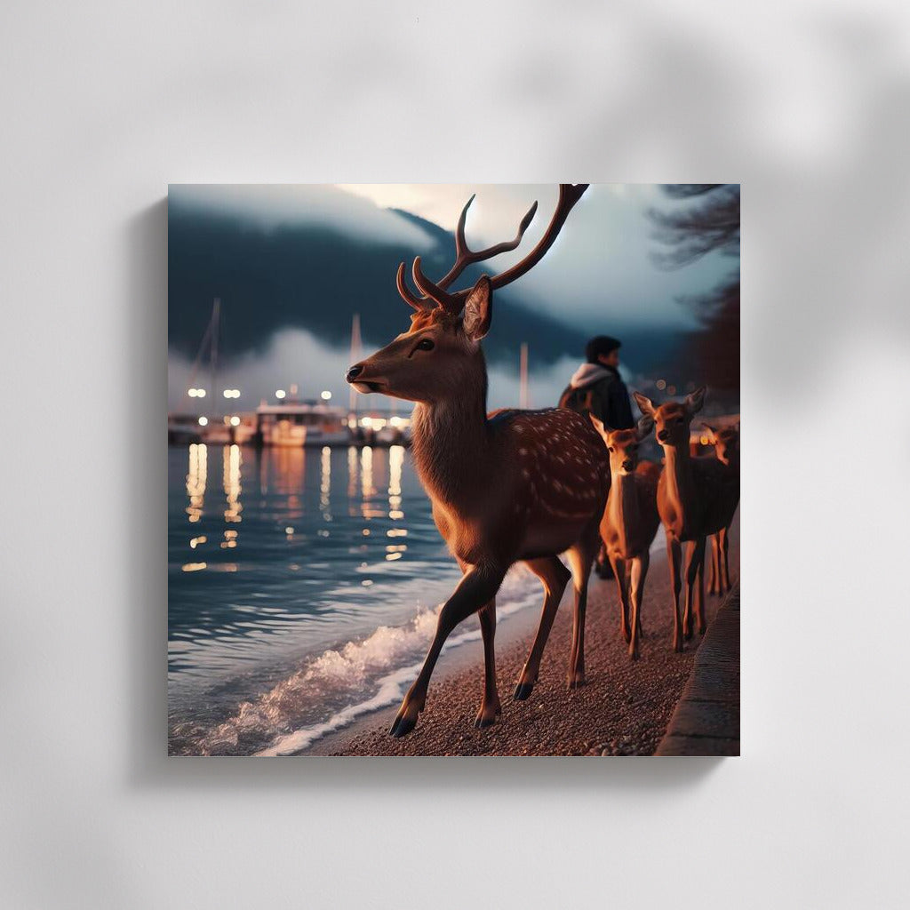 Evening walk of a deer along the embankment
