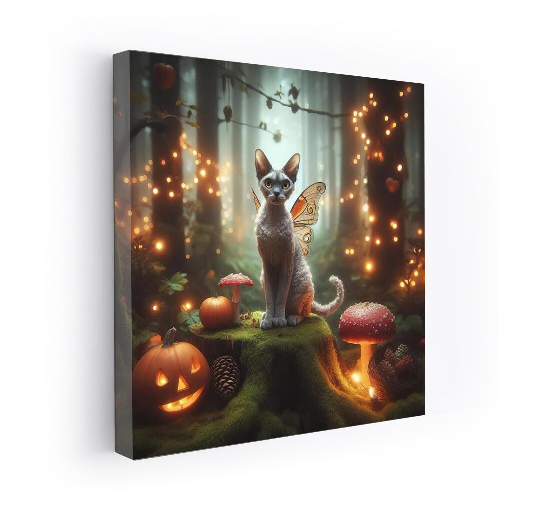 Winged Devon Rex in the Enchanted Forest: A Fantasy of Lights and Pumpkins