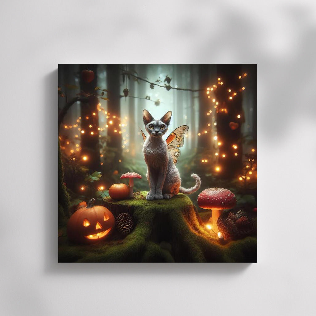 Winged Devon Rex in the Enchanted Forest: A Fantasy of Lights and Pumpkins