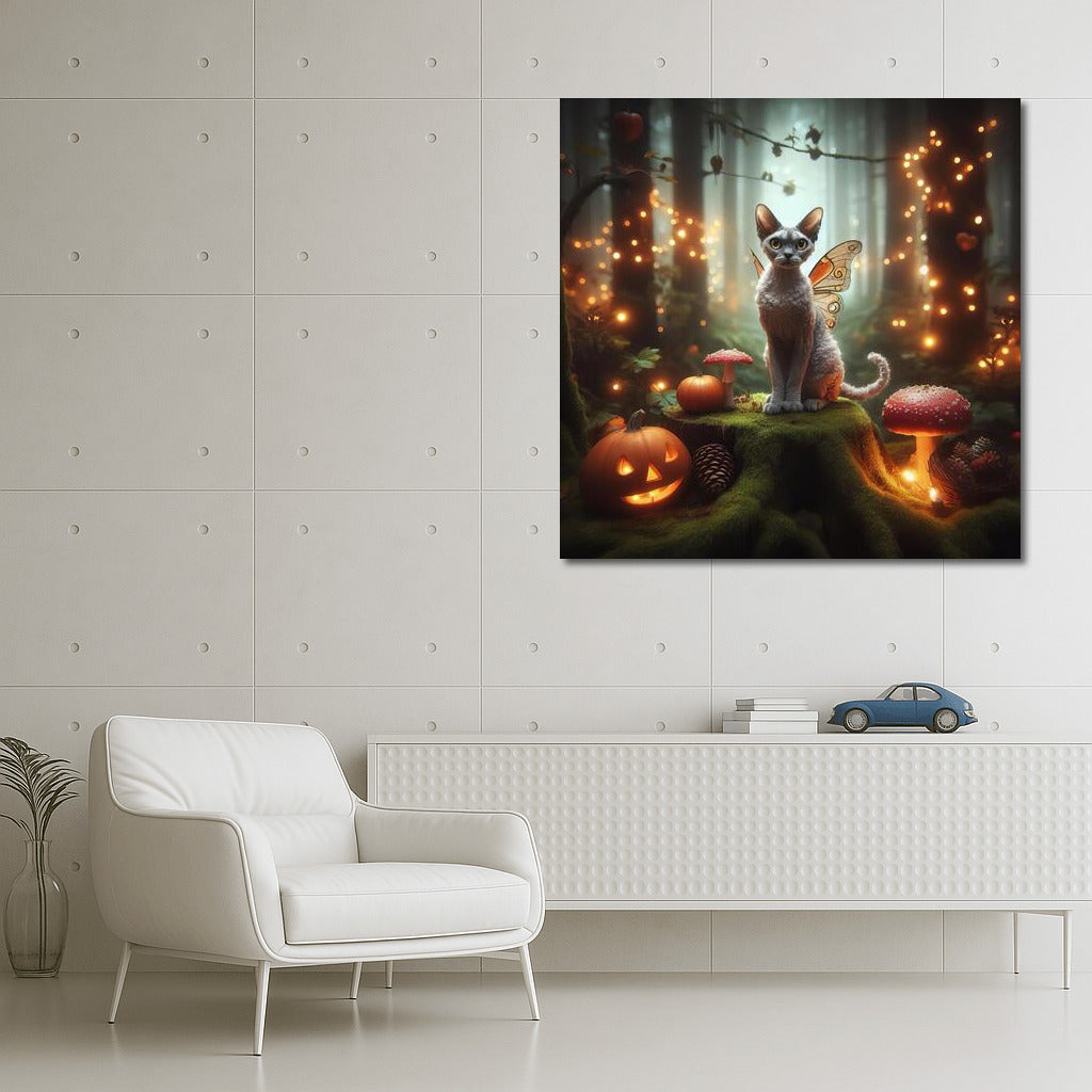 Winged Devon Rex in the Enchanted Forest: A Fantasy of Lights and Pumpkins
