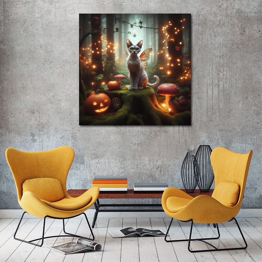Winged Devon Rex in the Enchanted Forest: A Fantasy of Lights and Pumpkins