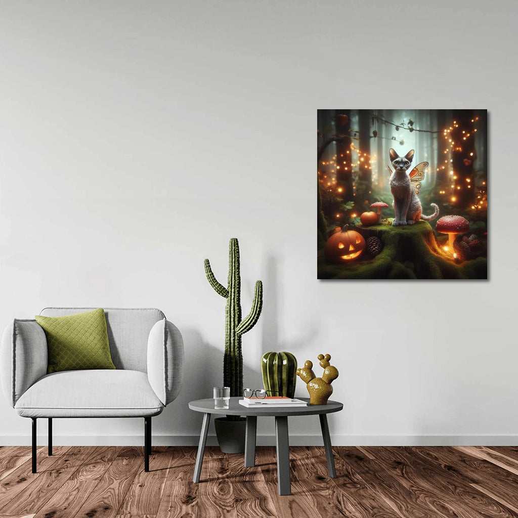 Winged Devon Rex in the Enchanted Forest: A Fantasy of Lights and Pumpkins