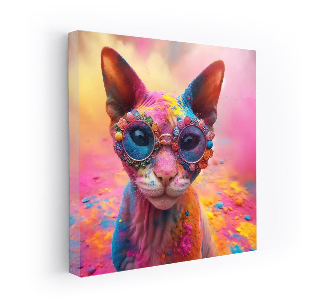 Devon Rex cat in a whirlwind of colours at the Holly Festival