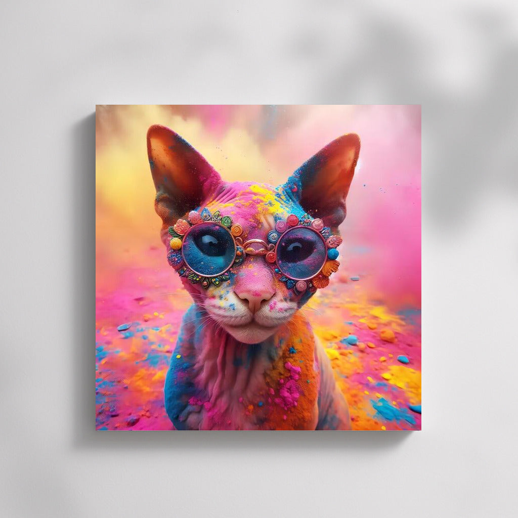 Devon Rex cat in a whirlwind of colours at the Holly Festival