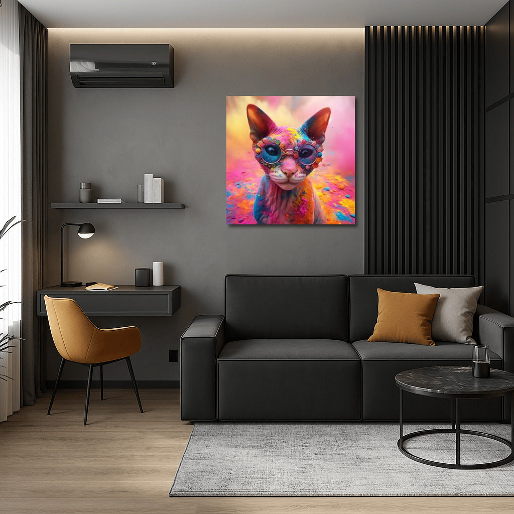 Devon Rex cat in a whirlwind of colours at the Holly Festival