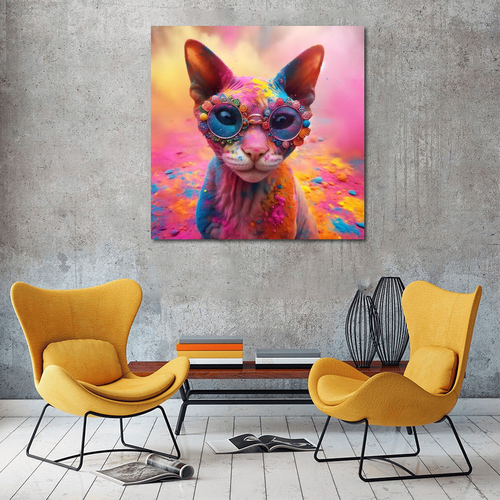 Devon Rex cat in a whirlwind of colours at the Holly Festival