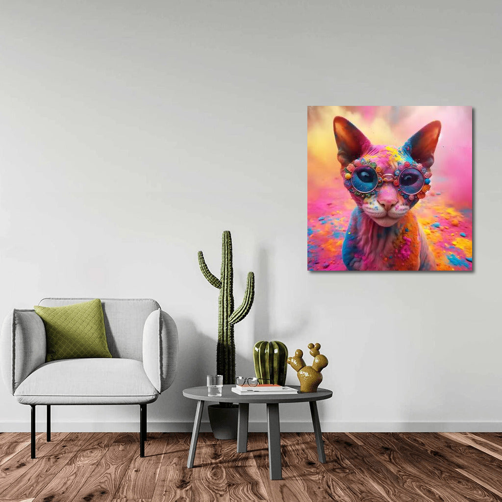 Devon Rex cat in a whirlwind of colours at the Holly Festival
