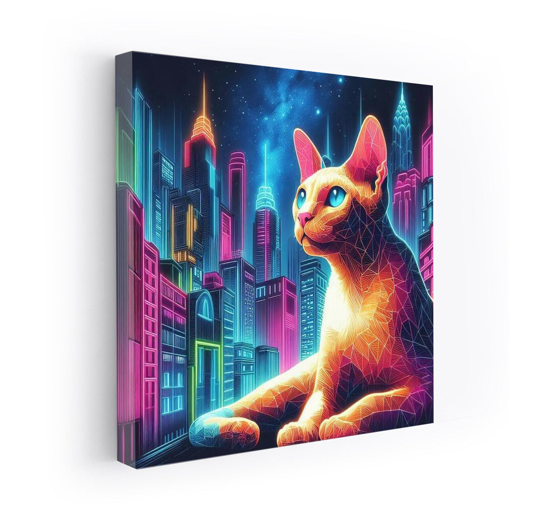 Devon Rex in Neon Metropolis: Vibrant Cityscape for Interiors