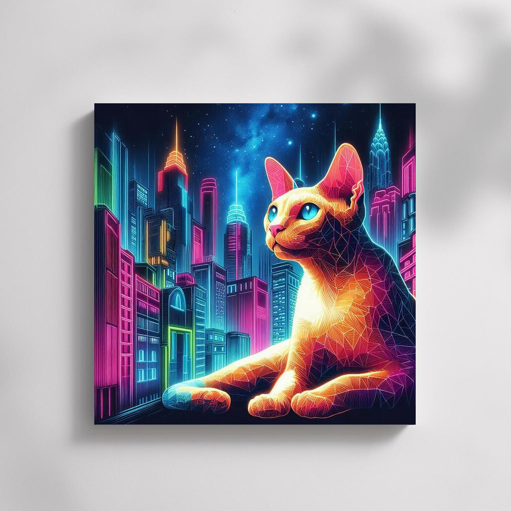 Devon Rex in Neon Metropolis: Vibrant Cityscape for Interiors