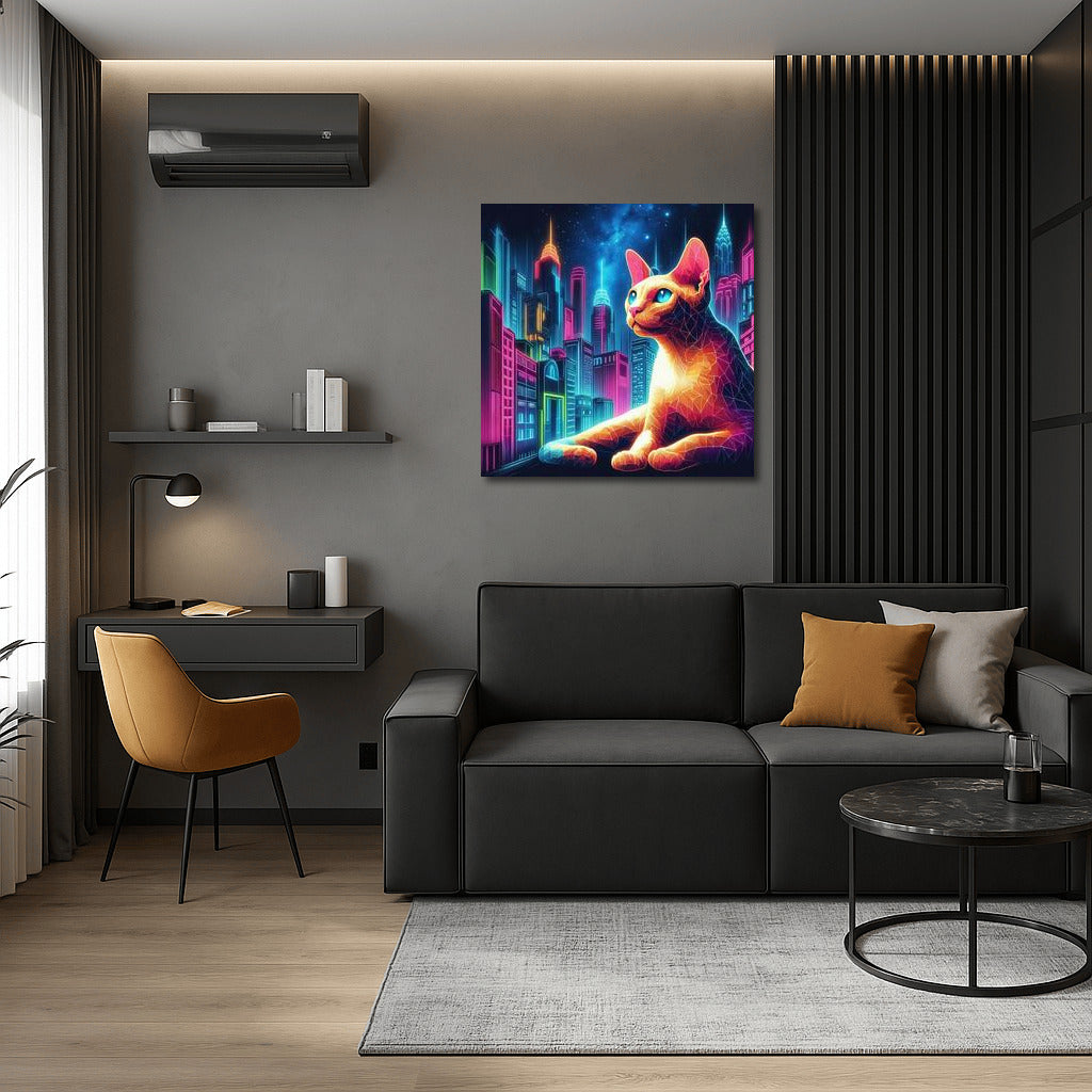 Devon Rex in Neon Metropolis: Vibrant Cityscape for Interiors