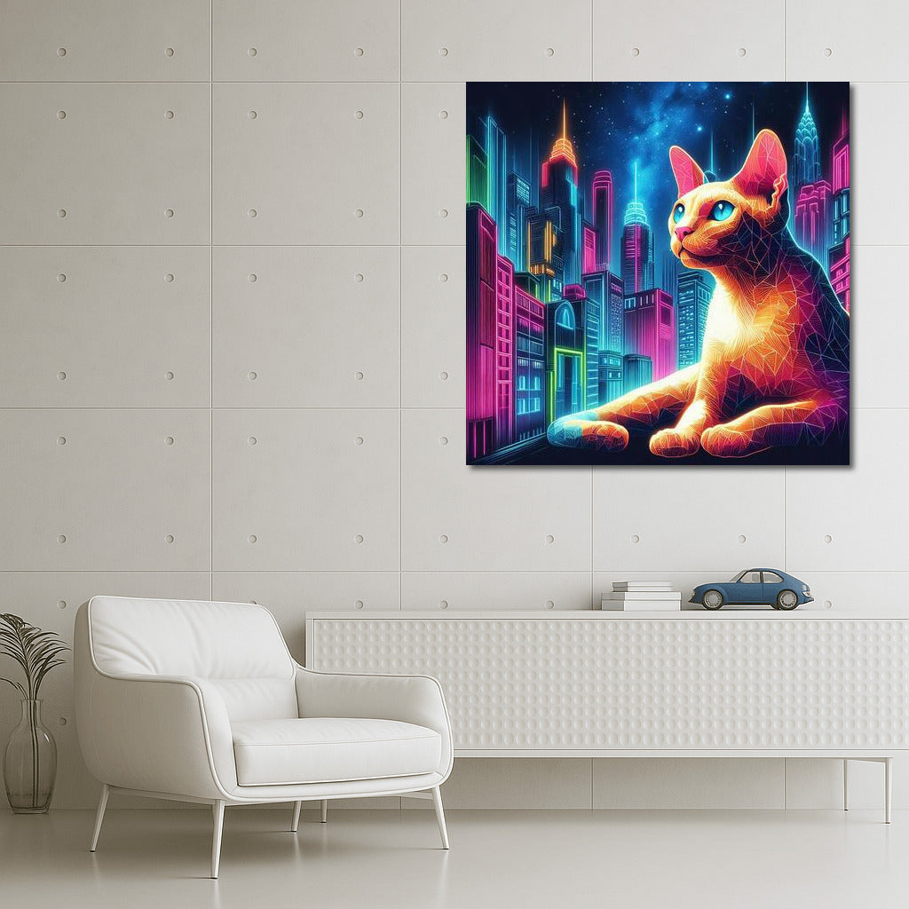 Devon Rex in Neon Metropolis: Vibrant Cityscape for Interiors
