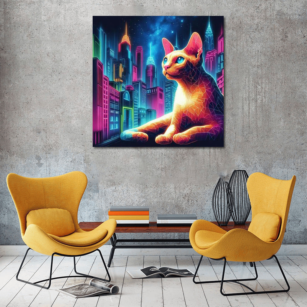 Devon Rex in Neon Metropolis: Vibrant Cityscape for Interiors