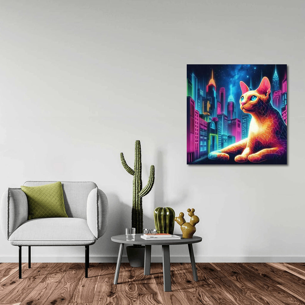 Devon Rex in Neon Metropolis: Vibrant Cityscape for Interiors
