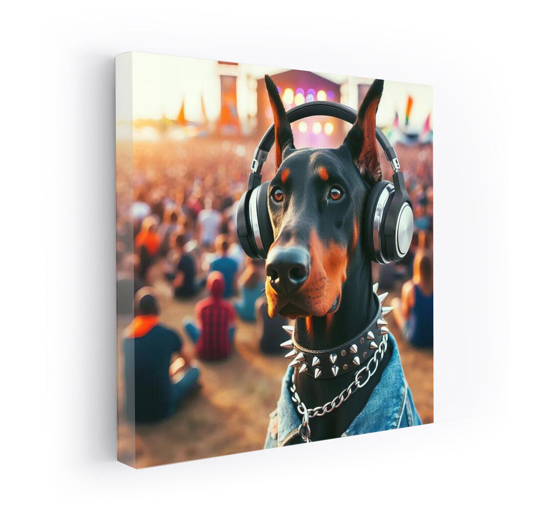 Doberman at Music Festival in Stylish Headphones