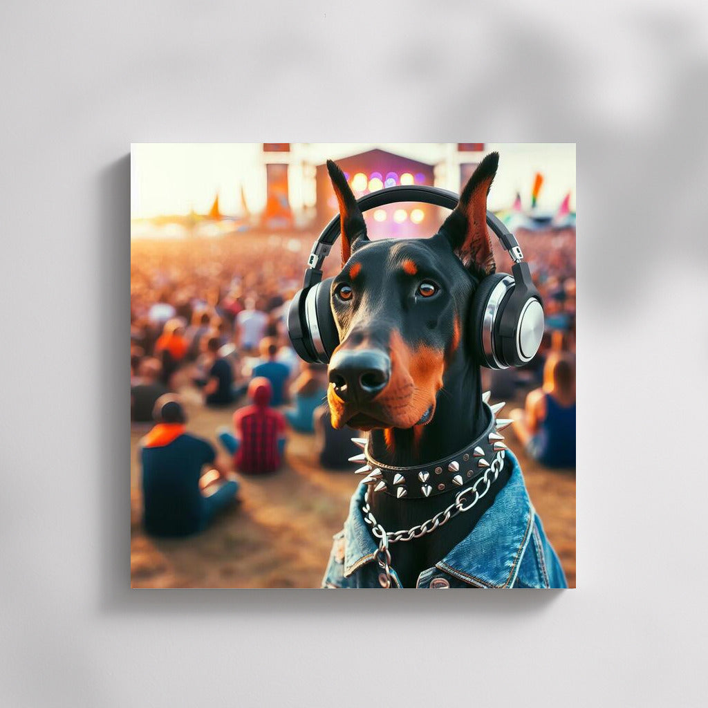 Doberman at Music Festival in Stylish Headphones