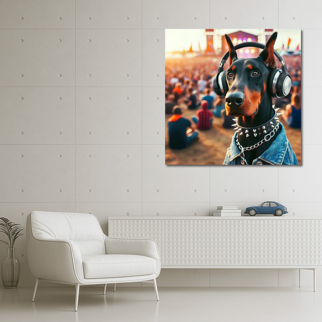 Doberman at Music Festival in Stylish Headphones