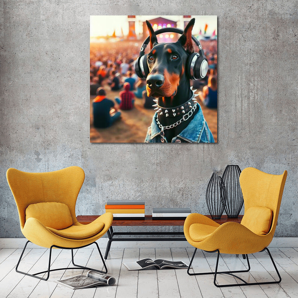 Doberman at Music Festival in Stylish Headphones