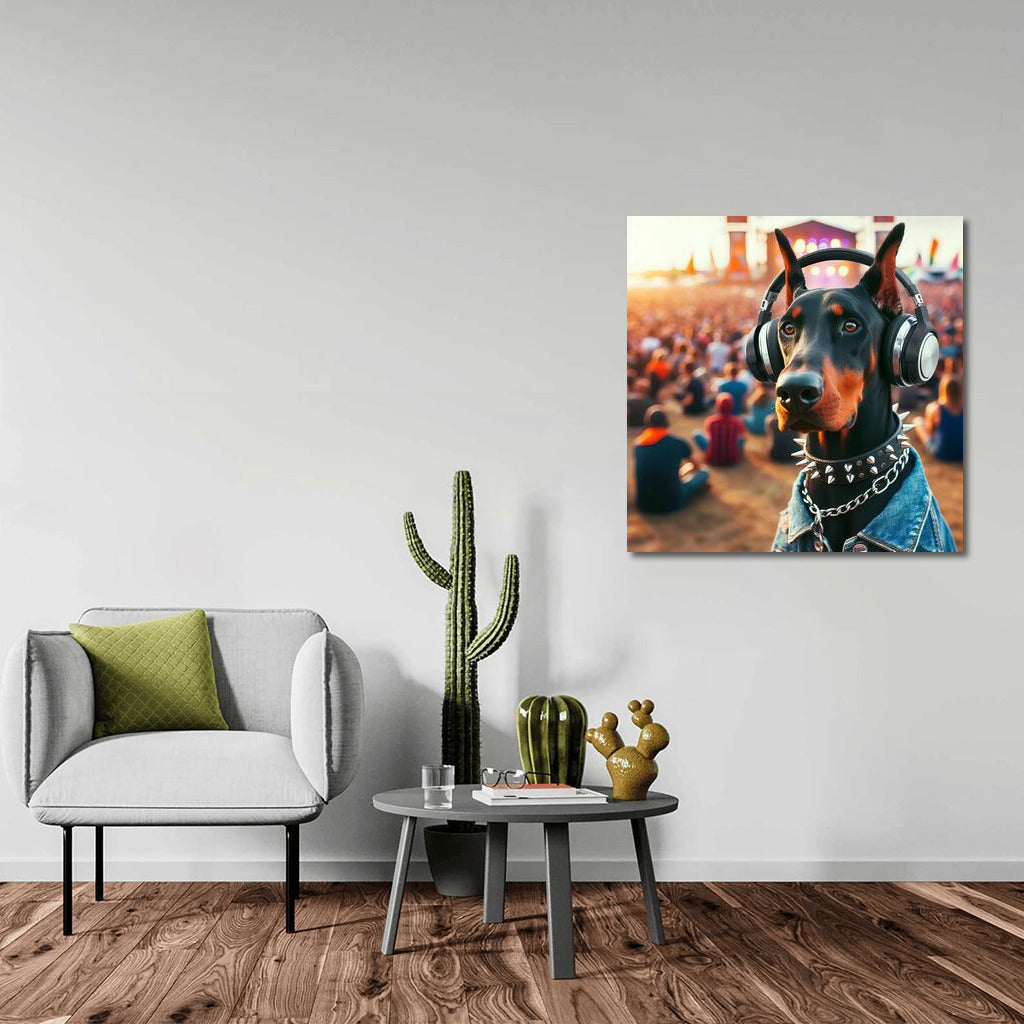 Doberman at Music Festival in Stylish Headphones
