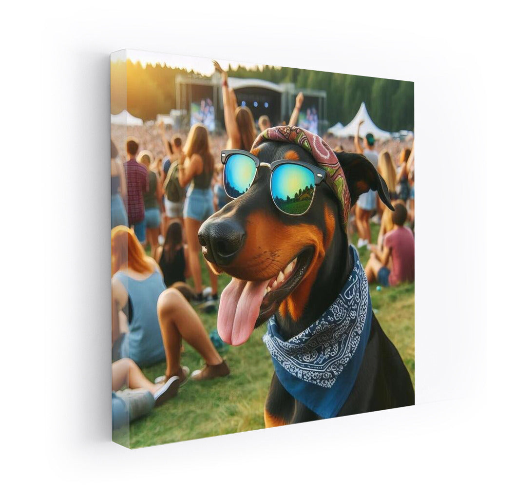 Doberman in Glasses at Summer Festival: Musical Vibe