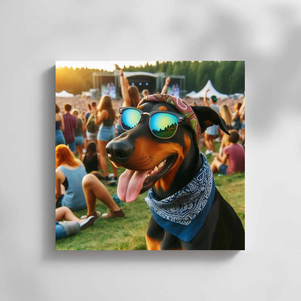 Doberman in Glasses at Summer Festival: Musical Vibe