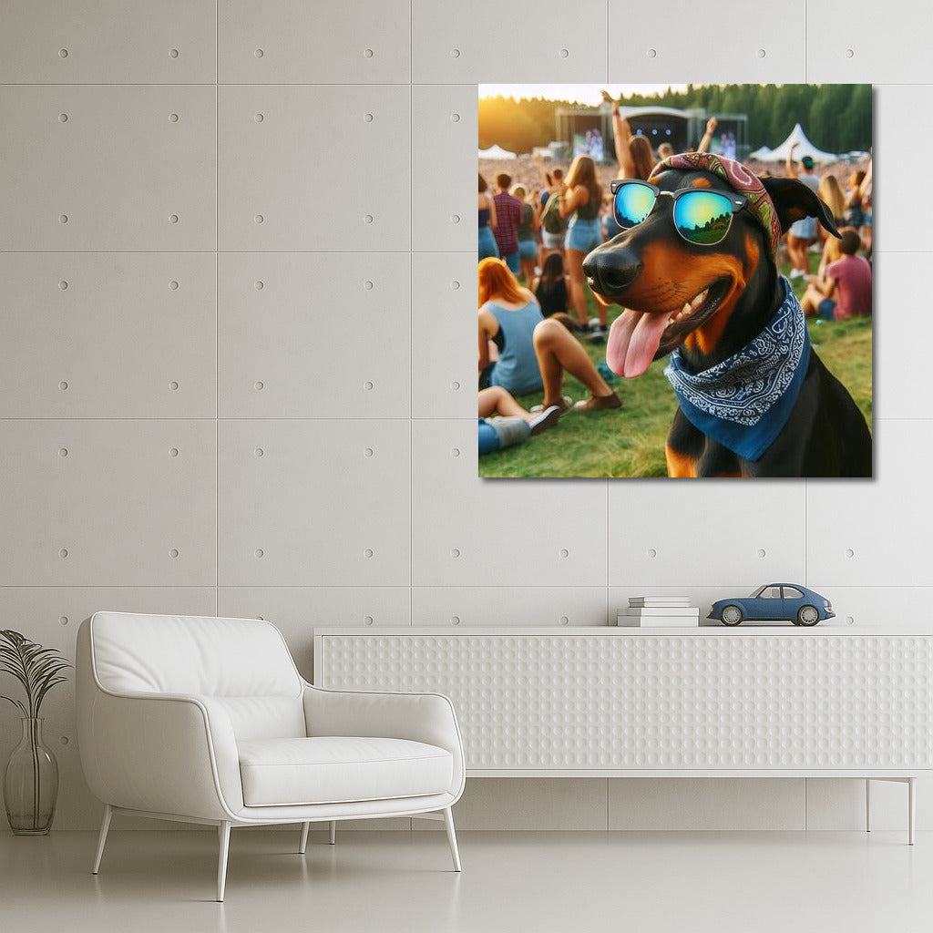 Doberman in Glasses at Summer Festival: Musical Vibe