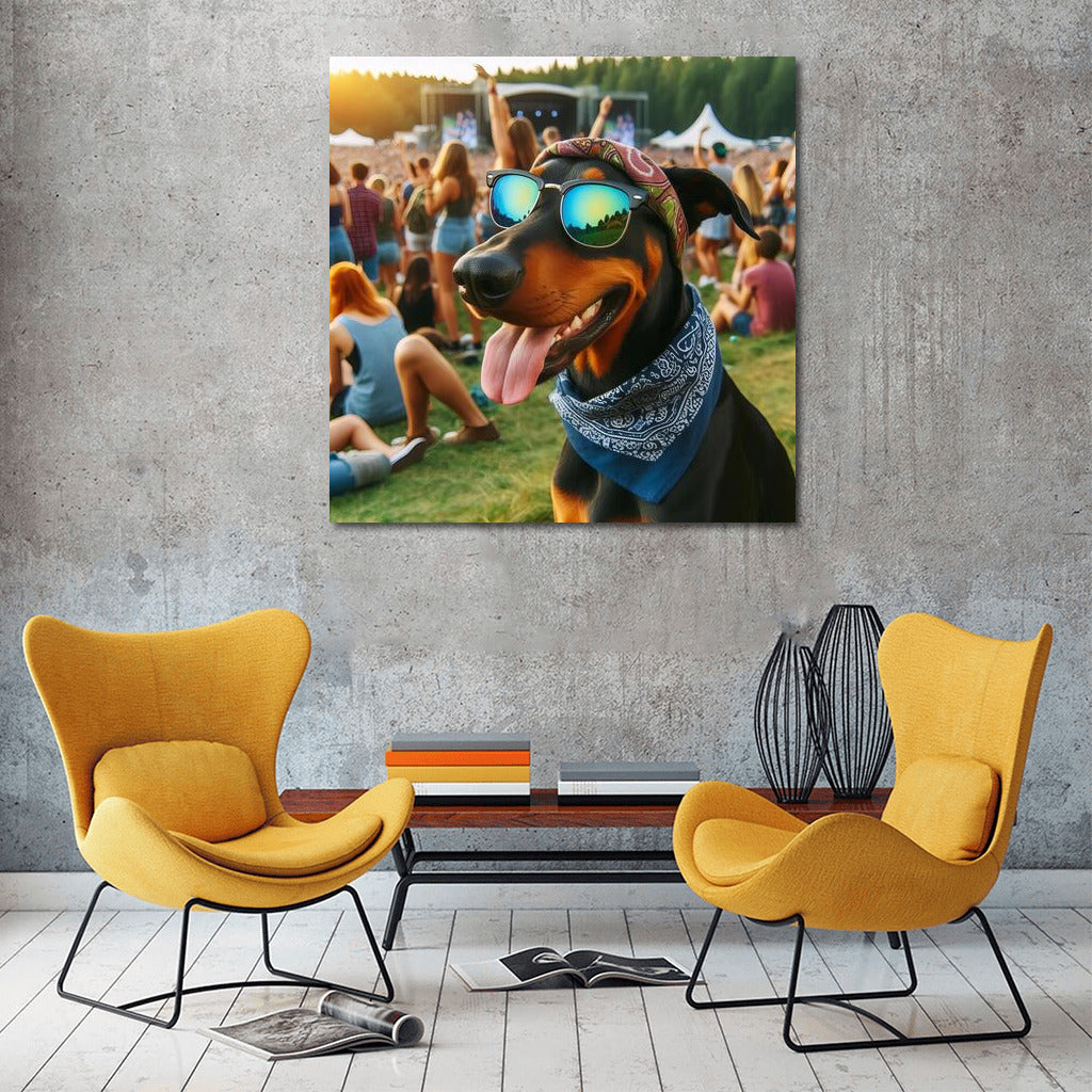 Doberman in Glasses at Summer Festival: Musical Vibe