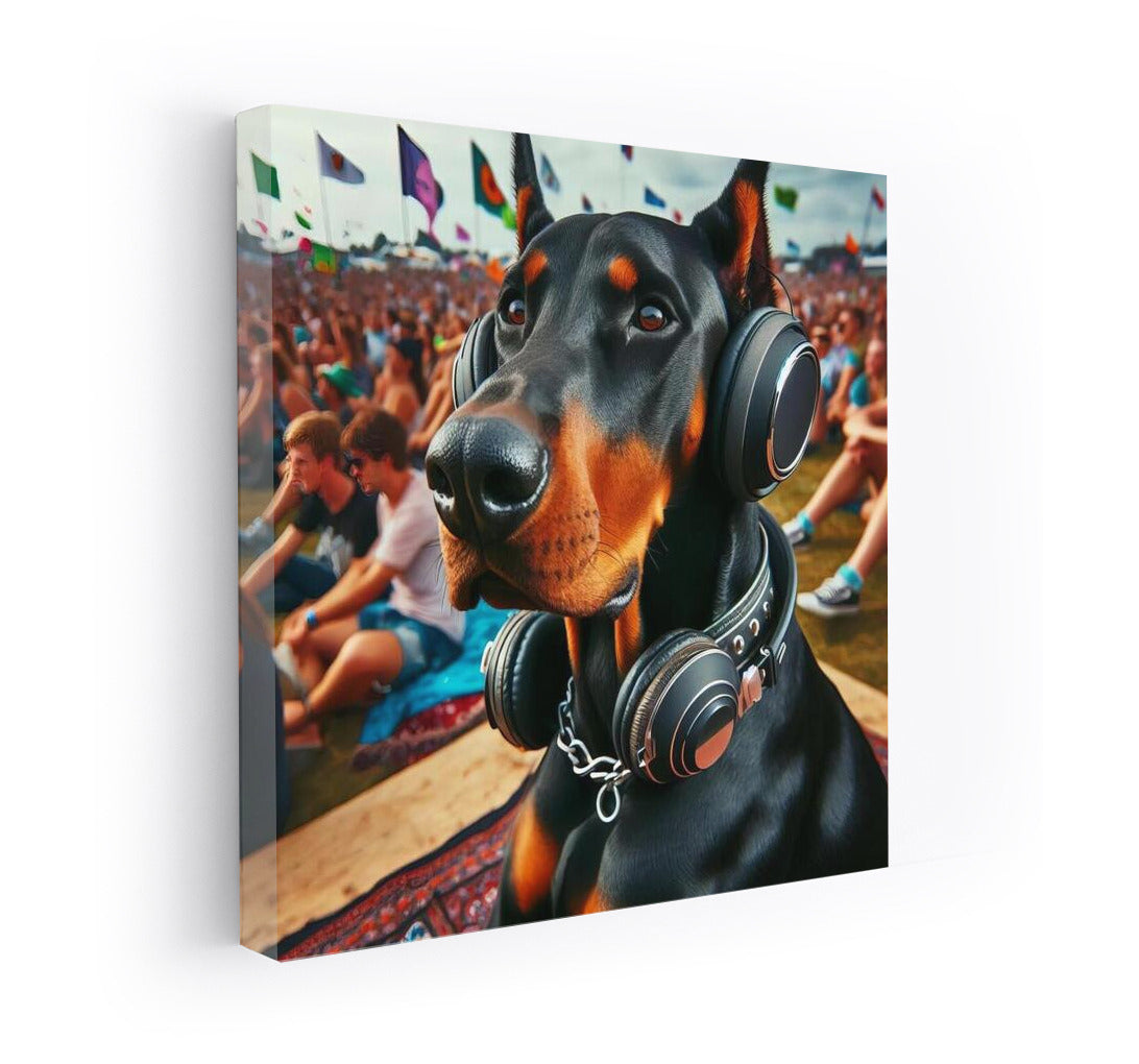 Doberman at the Festival: Stylish Headphones and Music