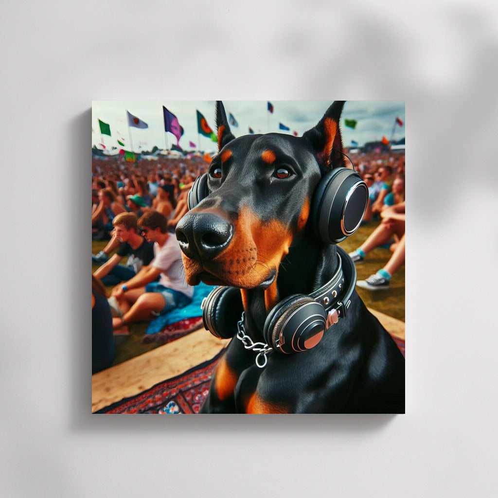 Doberman at the Festival: Stylish Headphones and Music