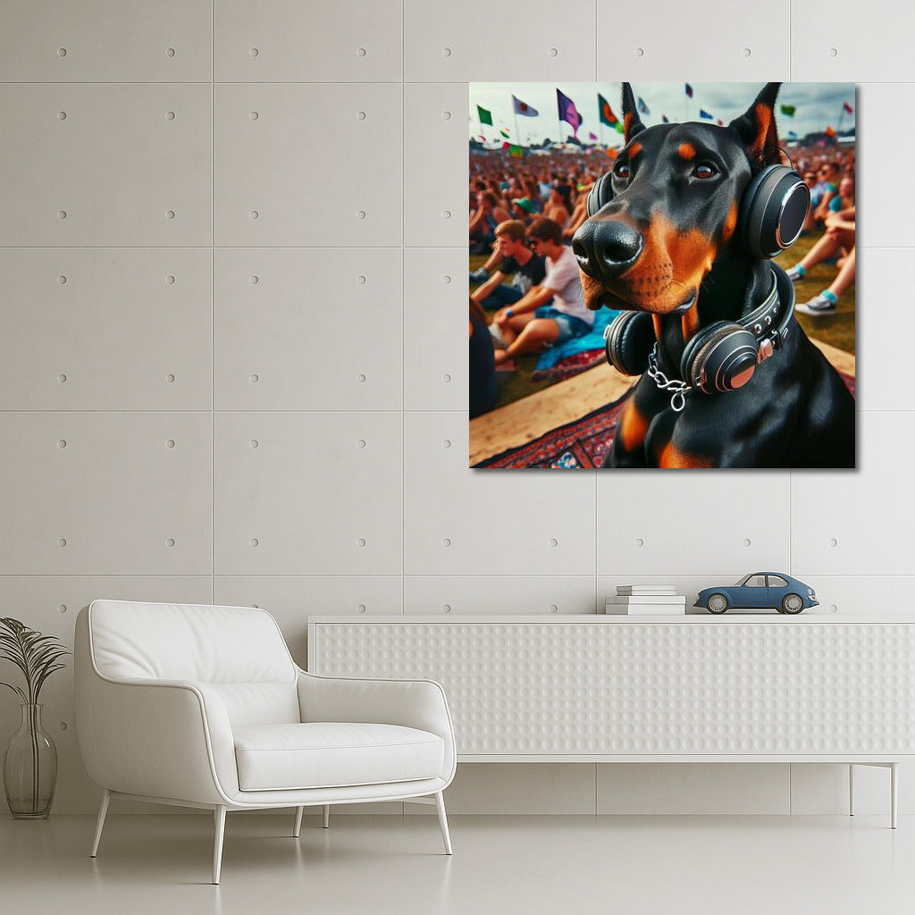 Doberman at the Festival: Stylish Headphones and Music