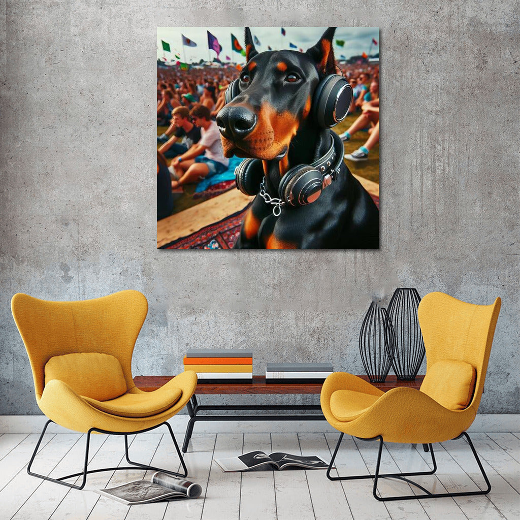 Doberman at the Festival: Stylish Headphones and Music