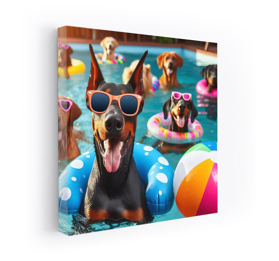 Doberman in Bright Glasses at Pool Party
