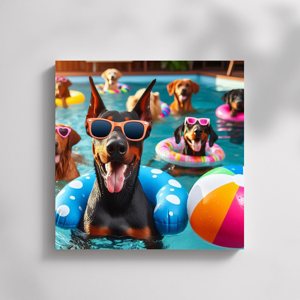 Doberman in Bright Glasses at Pool Party