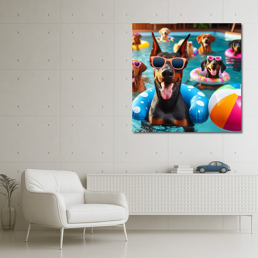 Doberman in Bright Glasses at Pool Party