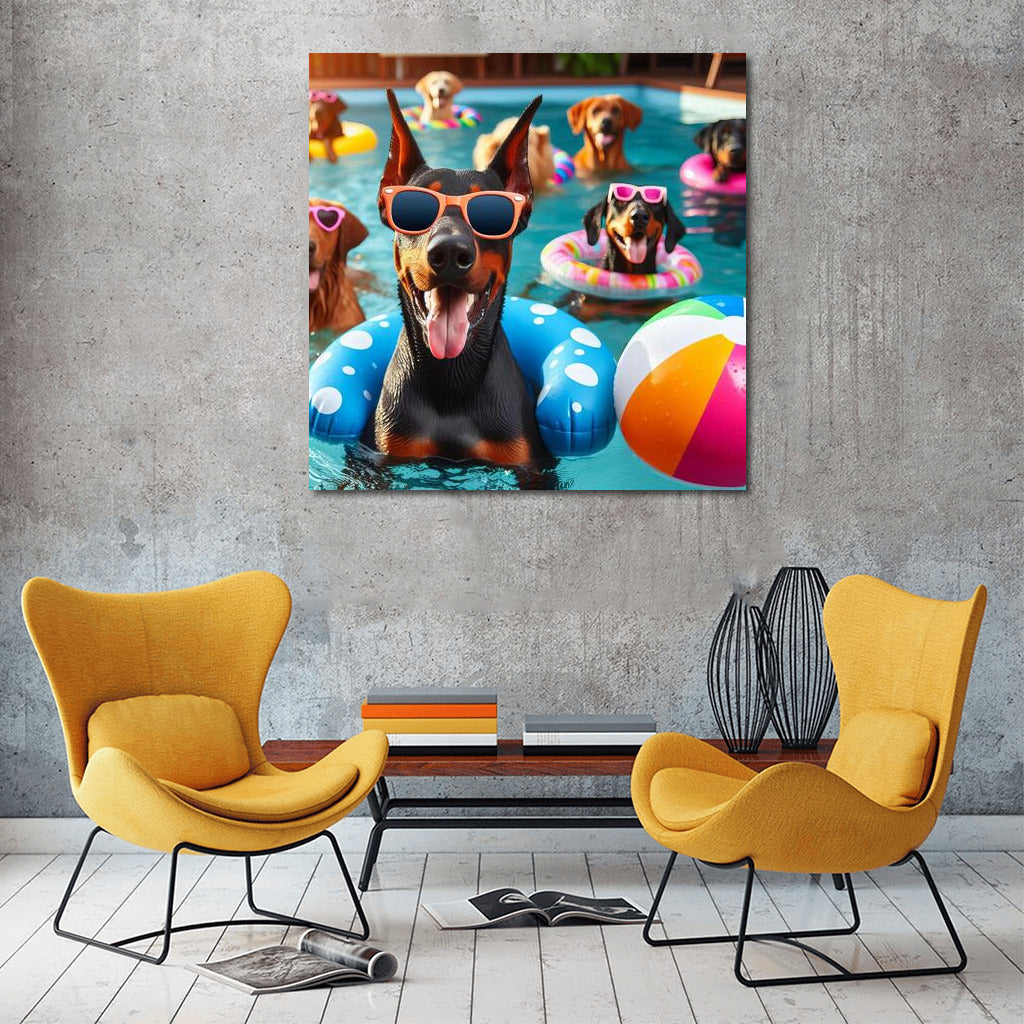Doberman in Bright Glasses at Pool Party