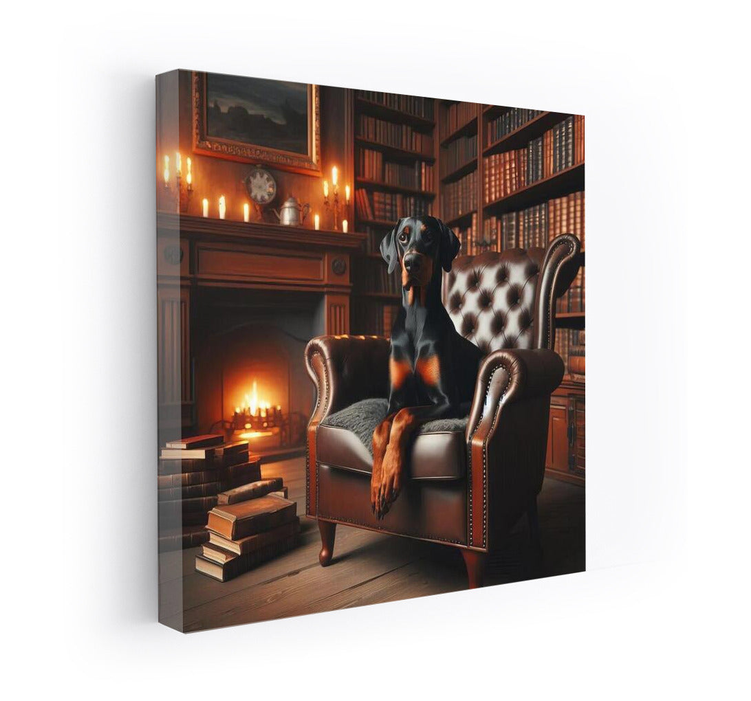 Doberman in the Cozy Library: Elegance and Intelligence on Your Wall