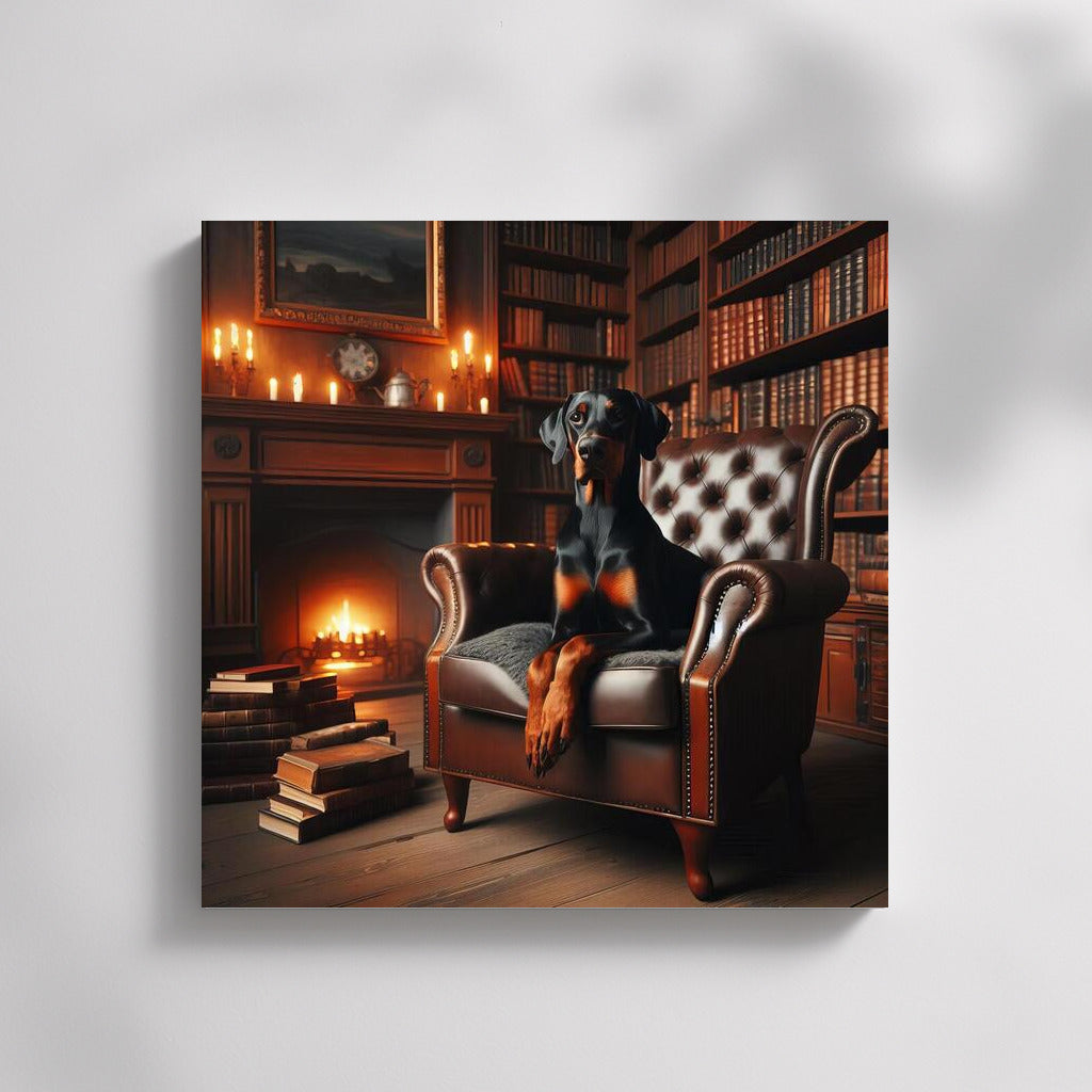 Doberman in the Cozy Library: Elegance and Intelligence on Your Wall