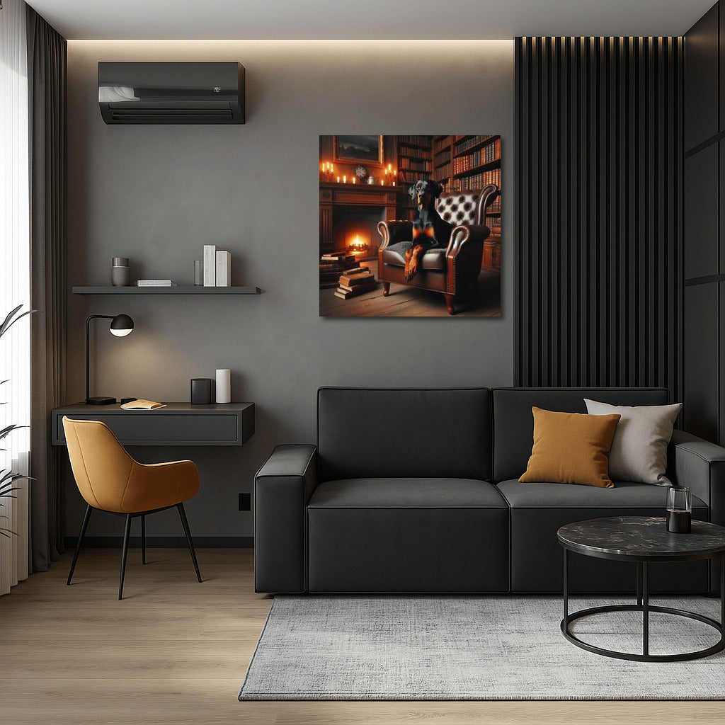 Doberman in the Cozy Library: Elegance and Intelligence on Your Wall