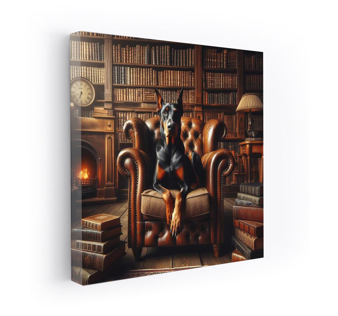 Doberman in a Leather Chair: Cozy Library