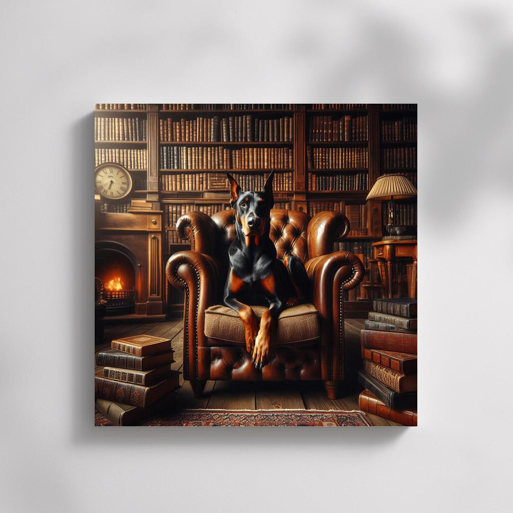Doberman in a Leather Chair: Cozy Library