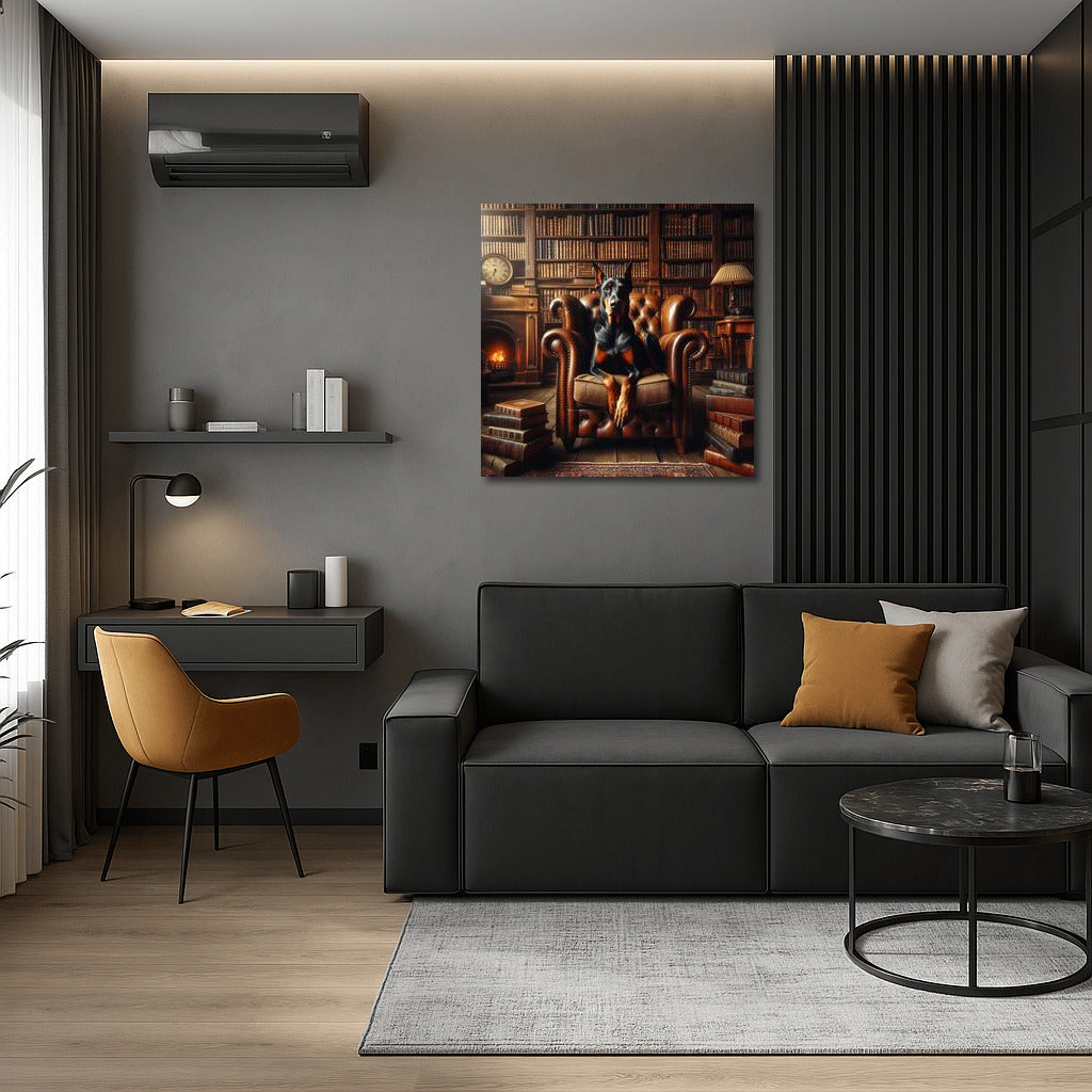 Doberman in a Leather Chair: Cozy Library