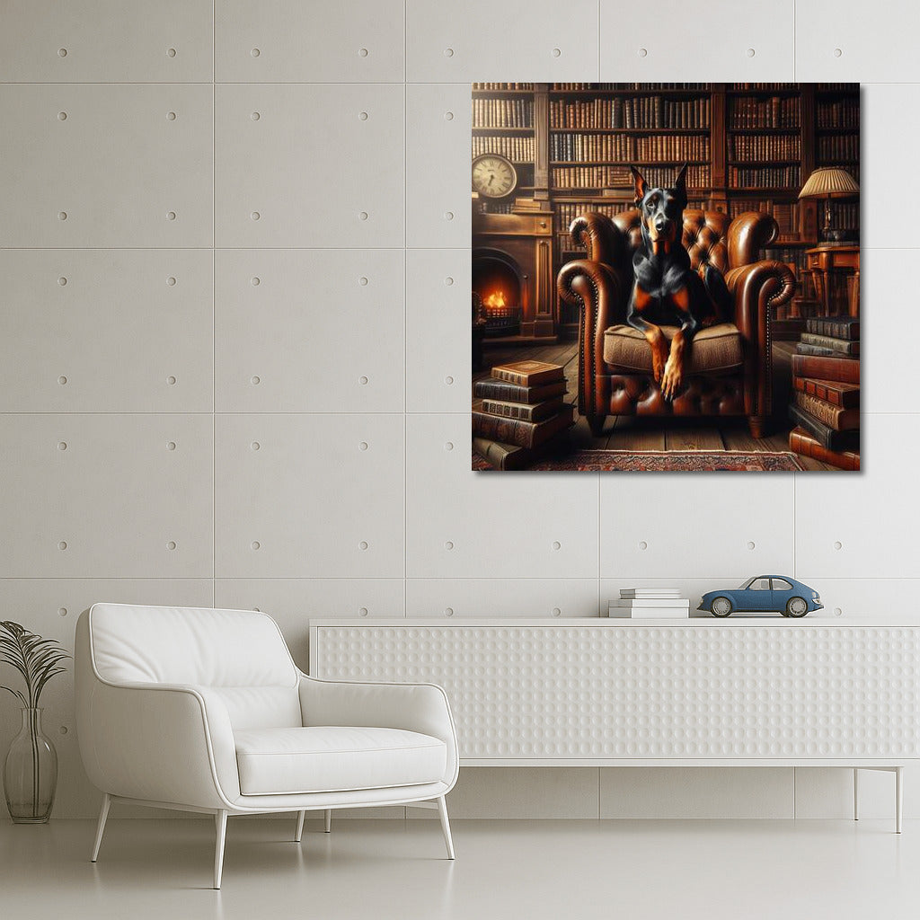 Doberman in a Leather Chair: Cozy Library
