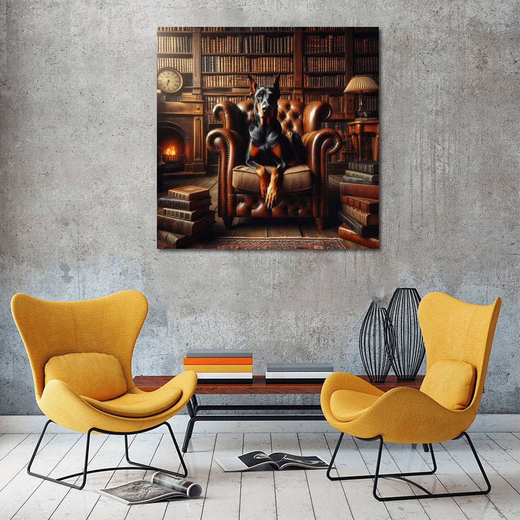 Doberman in a Leather Chair: Cozy Library
