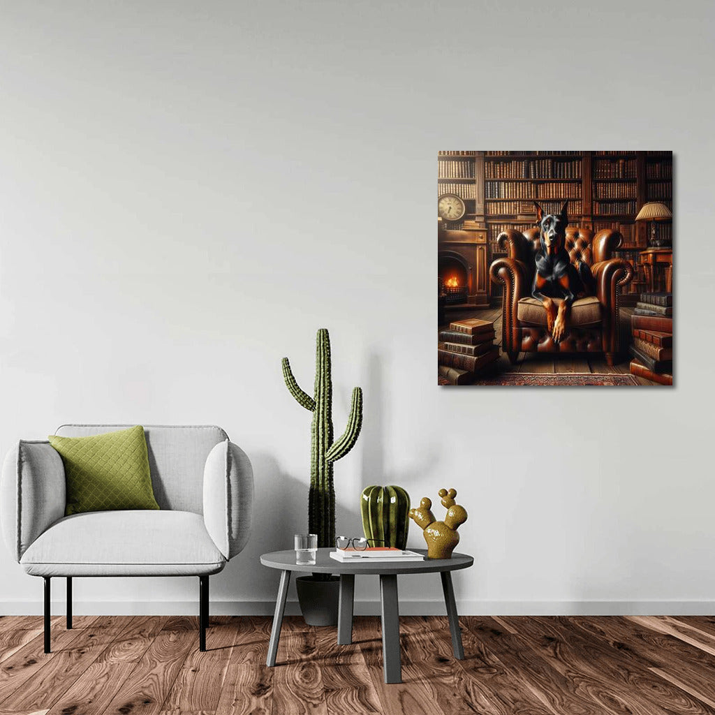 Doberman in a Leather Chair: Cozy Library