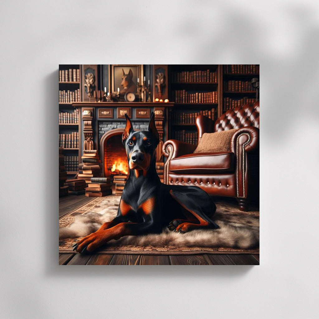 Doberman in the Cozy Library: Atmosphere of Calm and Inspiration