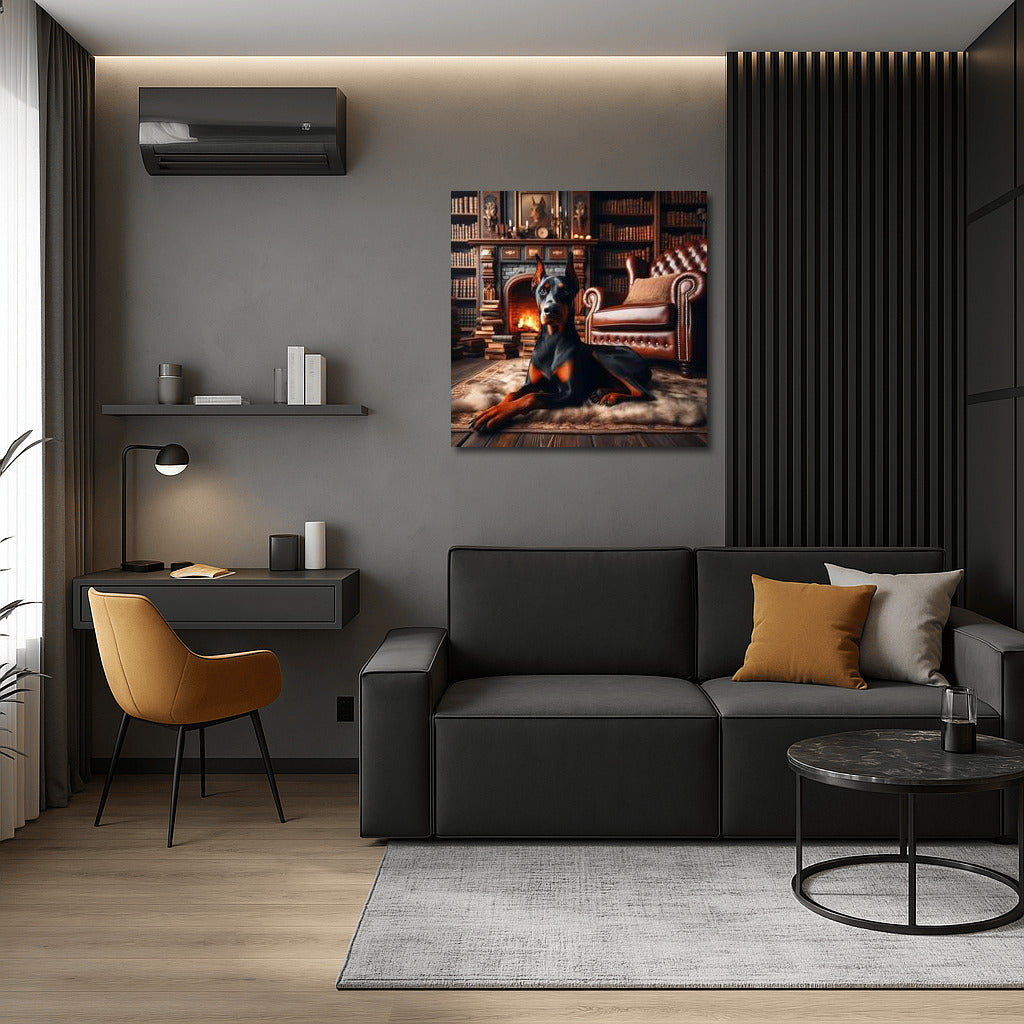 Doberman in the Cozy Library: Atmosphere of Calm and Inspiration
