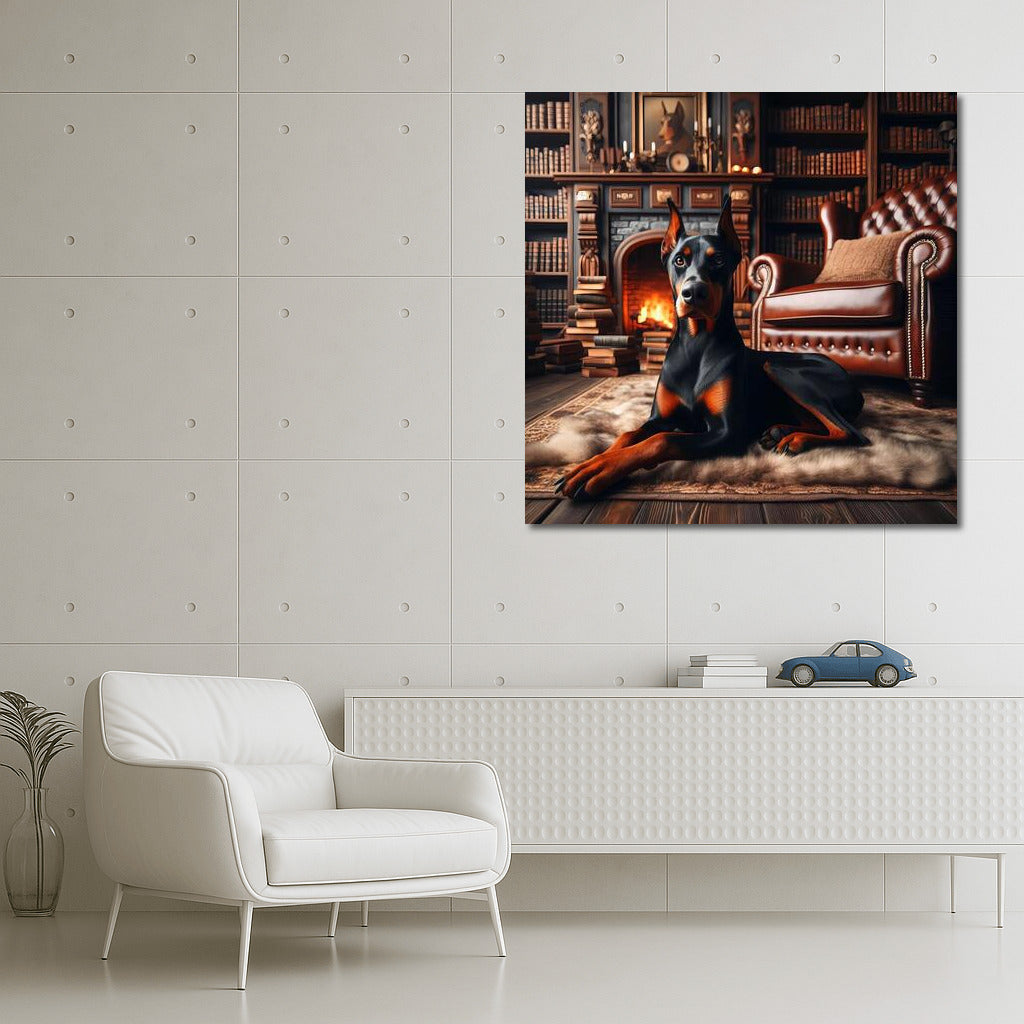 Doberman in the Cozy Library: Atmosphere of Calm and Inspiration