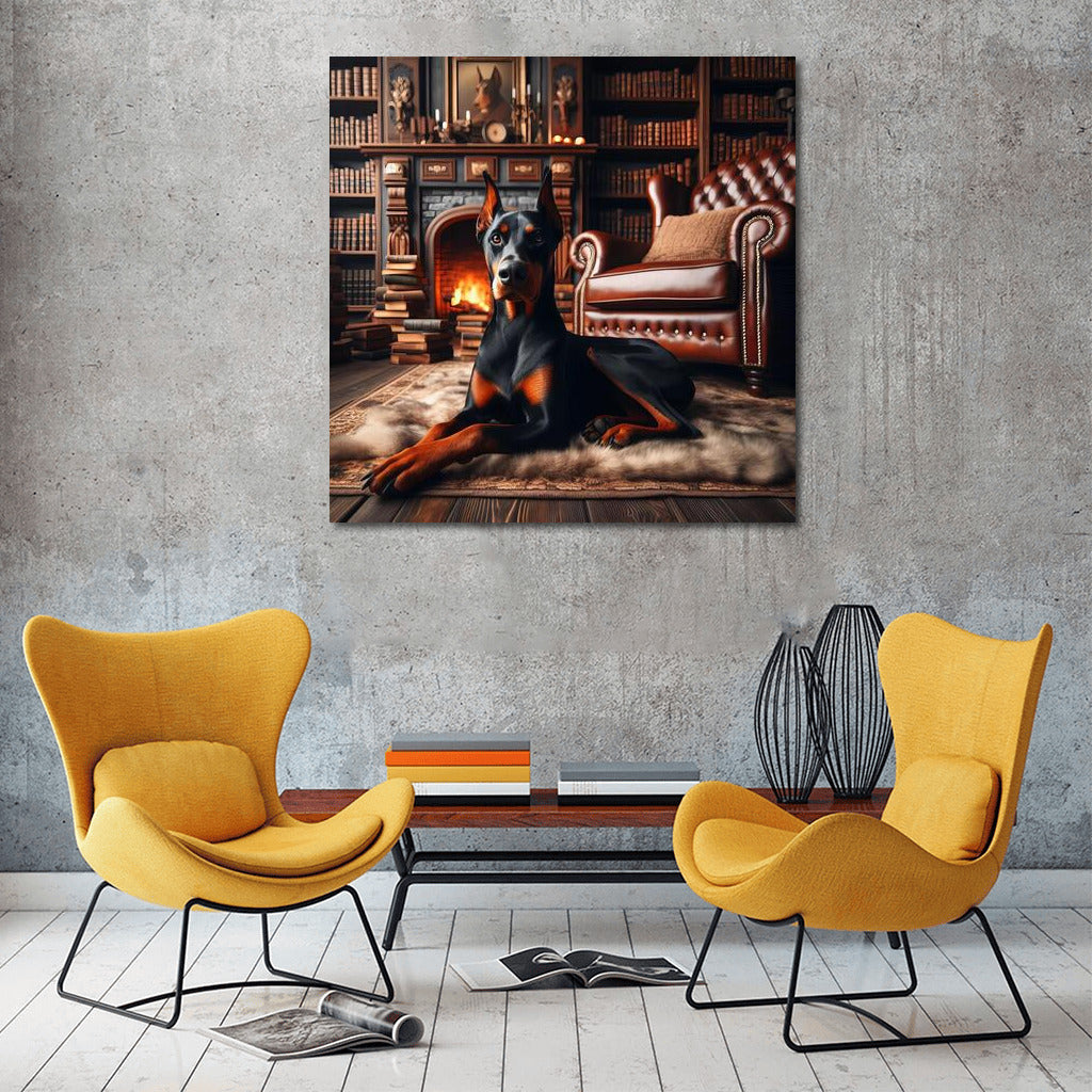 Doberman in the Cozy Library: Atmosphere of Calm and Inspiration